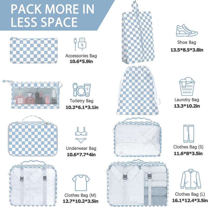 KPX 8 Set Packing Cubes for Travel, Luggage Packing Organizers Accessories Large Toiletries Bag for Clothes Shoes Cosmetics (Blue Checkered) - Image 2